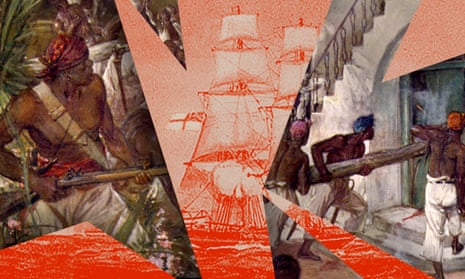 Composite showing a slave revolt in Jamaica in 1832, and HMS Black Joke, a former slave ship captured by the Royal Navy, serving with the West Africa Squadron in 1827.
