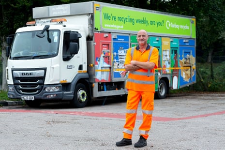 Andy Gee with his recycling truck in Torbay, Devon.