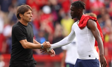 Antonio Conte greets Yves Bissouma, one of Tottenham’s summer signings, following the 2-0 victory over Nottingham Forest at the City Ground