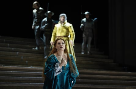 Diamond-brilliant tone … Marina Rebeka, centre, as Leonora in Il trovatore.