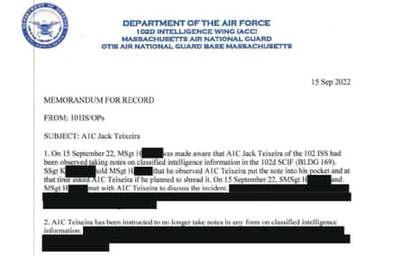 US air force memo about Pentagon Leaks suspect Jack Teixeira revealed in court filings