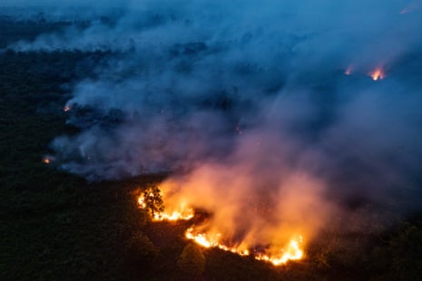 An aerial view shows a fire burning on peatland and forest in Sungai Putri village, Ketapang Regency, West Kalimantan province