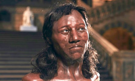 Facial reconstruction of Cheddar Man, who lived 10,000 years ago and had dark brown skin and blue eyes.