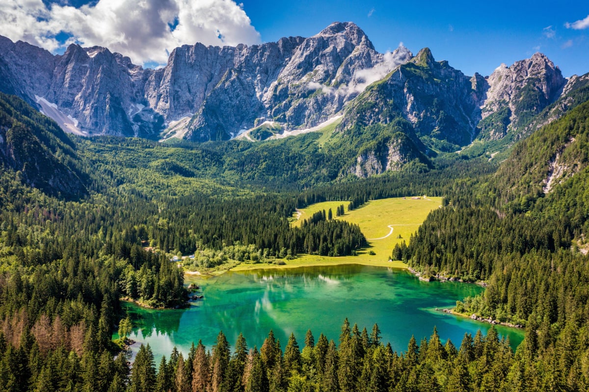A green lake surrounded by forest with mountains behind