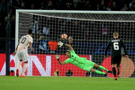 Marcus Rashford scores a penalty to give Manchester United an aggregate win at Paris Saint-Germain in 2019.