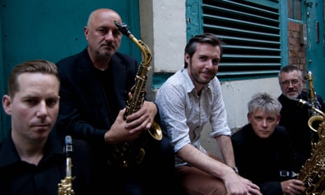 Gwilym Simcock, centre, with the Delta Saxophone Quartet.