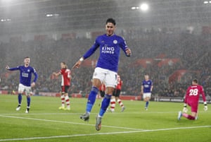 Leicester’s Ayoze Perez celebrates scoring the third.
