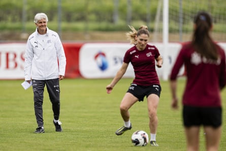 Switzerland’s head coach Pia Sundhage watches her players during a training session