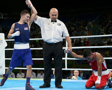 Nico Miguel Hernandez of USA celebrates beating Ecuador’s Carlos Quipo in men’s light flyweight at Rio 2016.