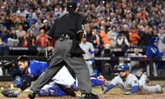 2015 World Series Game Five: Kansas City Royals v. New York Mets<br>NEW YORK, NY - NOVEMBER 1: Eric Hosmer #35 of the Kansas City Royals slides safely into home to score the game tying run as Travis d’Arnaud #7 of the New York Mets attempts to catch an errant throw from Lucas Duda #21 during Game 5 of the 2015 World Series at Citi Field on Sunday, November 1, 2015 in the Queens borough of New York City. (Photo by Rob Tringali/MLB Photos via Getty Images)