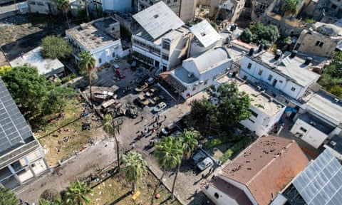Aerial view of the complex housing al-Ahli Arab hospital in Gaza City in the blast aftermath.