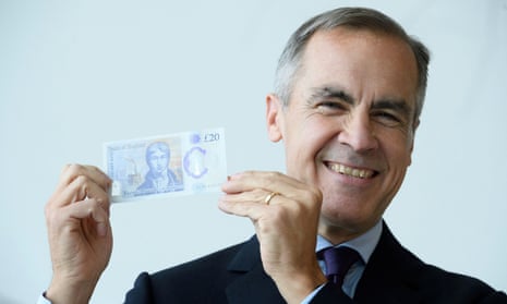 Mark Carney holding a new £20 note.