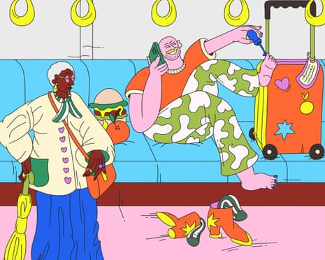 A colourful illustration of a man painting his toenails while sitting on a train surrounded by other commuters.