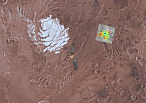 Mars express orbiter flying over the south pole of Mars. The radar signals are colour coded and deep blue corresponds to the strongest reflections, which are interpreted as being caused by the presence of water.