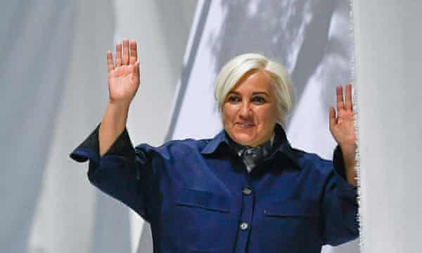 Fashion designer Silvia Fendi waving to a reduced crowd during her scaled-down menswear show in September 2020.