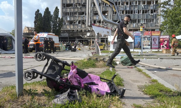 A pushchair lies by a road after shelling in Vinnytsia on Thursday.