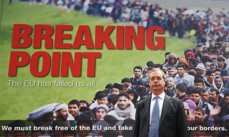 Ukip leader Nigel Farage poses in front of a poster depicting refugees during the EU referendum.