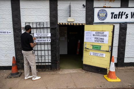 A polling station Taffs Well, South Wales, which is inside the changing rooms of the local football club.