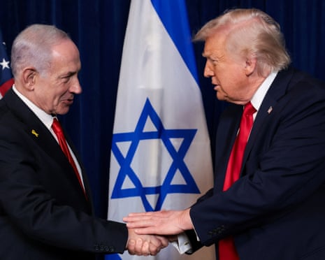Donald Trump and Benjamin Netanyahu shake hands during a press conference after meeting at Trump’s Mar-a-Lago club in Palm Beach, Florida.