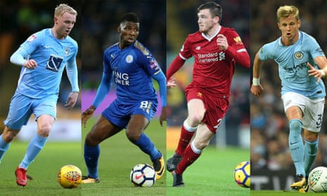 Left to right: Coventry’s Jack Grimmer, Leicester’s Kelechi Iheanacho, Liverpool’s Andrew Robertson and Oleksandr Zinchenko of Manchester City.