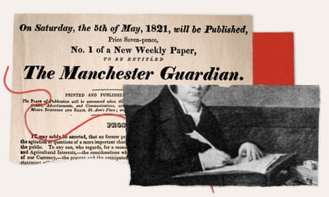 The prospectus (left) that publicised the launch of the  Manchester Guardian in 1821, and a section of a portrait of John Edward Taylor, founder of The Guardian