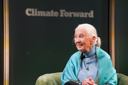 Goodall as older woman sat with words Climate Forward behind