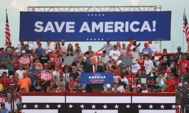 Donald Trump gives remarks during a Save America Rally in Mendon, Illinois.