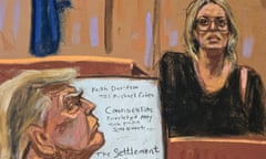 Former U.S. President Donald Trump appears at court in New York<br>Former U.S. President Donald Trump watches as Stormy Daniels is questioned by prosecutor Susan Hoffinger during Trump's criminal trial on charges that he falsified business records to conceal money paid to silence porn star Stormy Daniels in 2016, in Manhattan state court in New York City, U.S. May 7, 2024 in this courtroom sketch. REUTERS/Jane Rosenberg