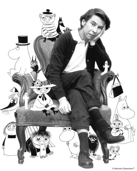 Photo of Jansson sitting in a chair, with drawings of Moomins characters added around her