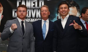 Canelo Alvarez, left, and Gennady Golovkin flank the promoter Frank Warren as they promote their scheduled September title fight in Las Vegas.
