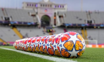 Adidas match balls on the pitch before the Champions League quarter-final second leg between Barcelona and Paris Saint-Germain.
