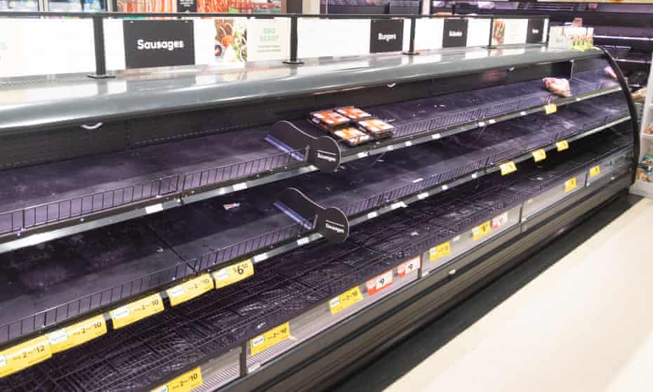 Empty meat shelves in a supermarket