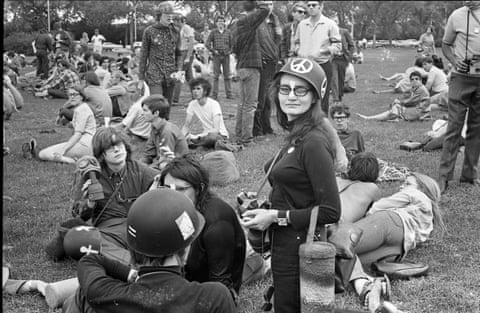 Demonstrators gather and sit in Grant Park in Chicago during political protests during the 1968 Democratic convention.