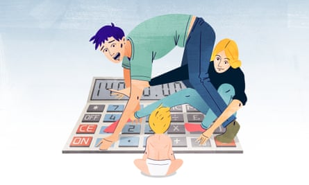 Illustration of two parents doing contortions over a calculator to show how to manage the costs of raising a child