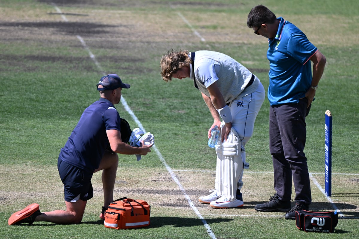 Will Pucovski after being struck by a delivery during the Sheffield Shield in 2024.