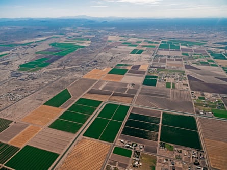 Aerial view of irrigation canals coursing through farmlands in Pinal County, Arizona. Aerial support by LightHawk.