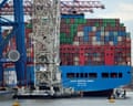 The cargo ship Cosco Shipping Gemini of Chinese shipping company Cosco is loaded at port of Hamburg, Germany