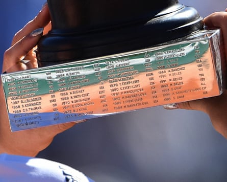 Close up of the Coupe Suzanne Lenglen trophy showing past French Open winners after Jelena Ostapenko’s victory in 2017