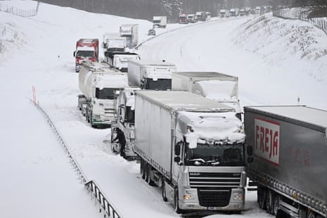 Lorries stuck on the E22 at Linderod, southern Sweden, on 4 January