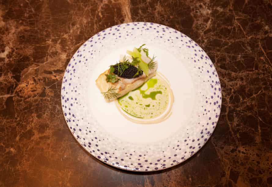 Sea bass with shavings, caviar and wasabi beurre blanc on Park Row, London W1.