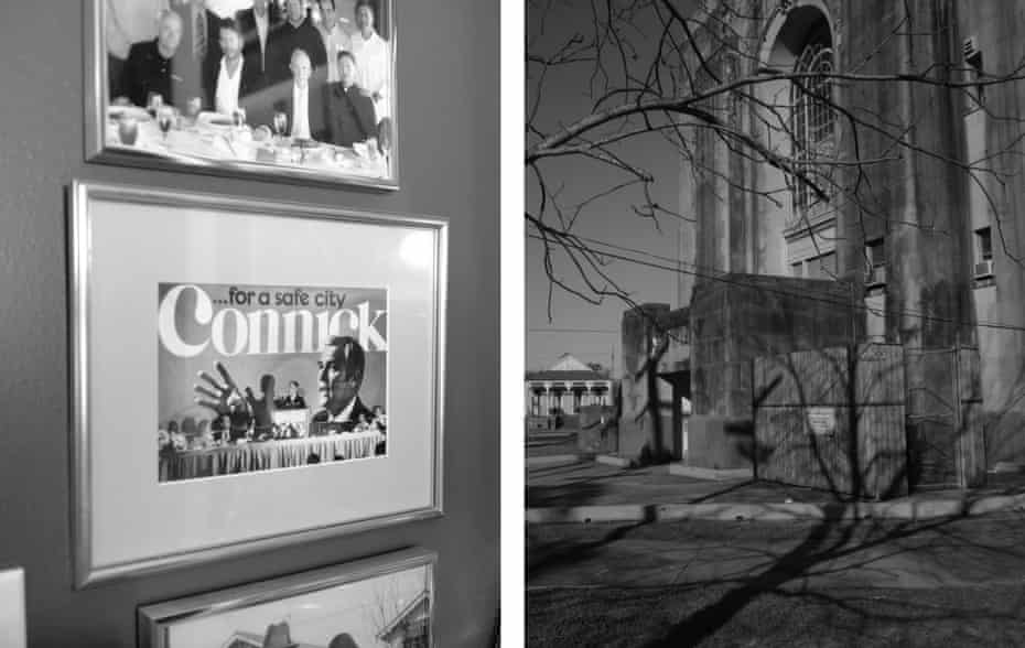 Left: campaign images framed in former New Orleans district attorney Harry Connick’s office. Right: the facade of the the Orleans parish criminal district court