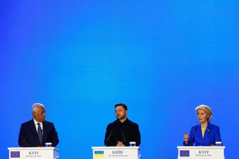 Ukraine’s Zelenskyy, and EU’s von der Leyen and Costa attend press conference on fourth anniversary of Russia’s full-scale invasion in Kyiv, Ukraine.