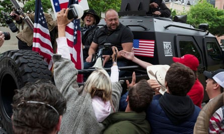 Alex Jones at a demonstration in Austin, Texas, against Covid restrictions in April 2020.