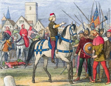 Richard II of England, 14, rides bravely during the Peasants' Revolt in 1381 to assume command of the rebels at Smithfield, London.