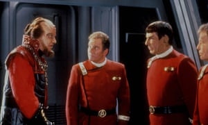 David Warner as Chancellor Gorkon with William Shatner, Leonard Nimoy and DeForest Kelley in Star Trek VI: The Undiscovered Country, 1991
