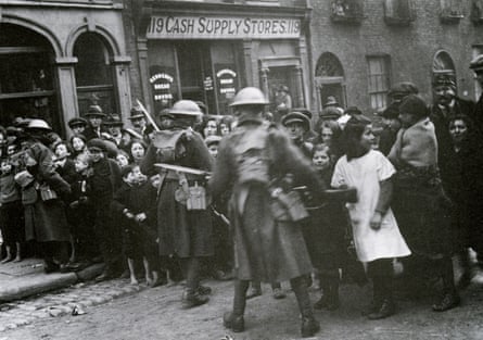 British troops control a crowd on a Dublin street in 1919.