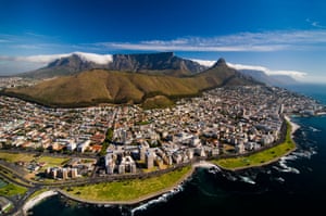 An aerial view of Table Mountain overlooking Cape Town.