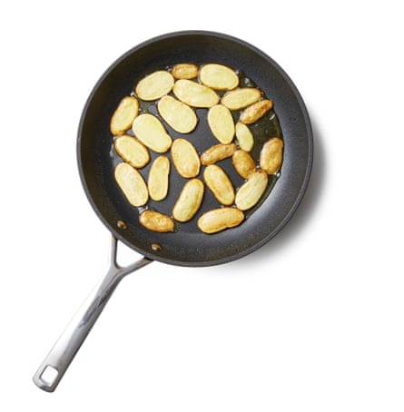 cover the base of a frying pan with olive oil and set it on a medium-high heat. Once hot, pat the aubergines dry and fry them in batches until soft and golden, replenishing the oil as necessary