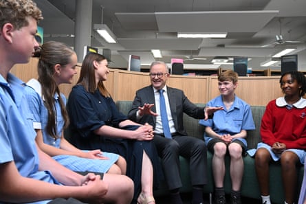 Prime minister Anthony Albanese speaks to students and staff during a visit to St John Paul II College in Canberra