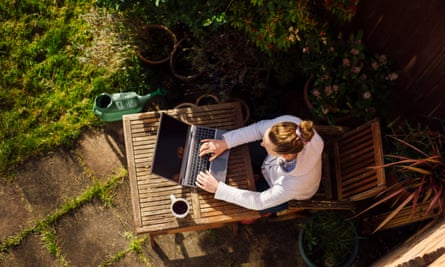 A model portraying a person working from home in their garden